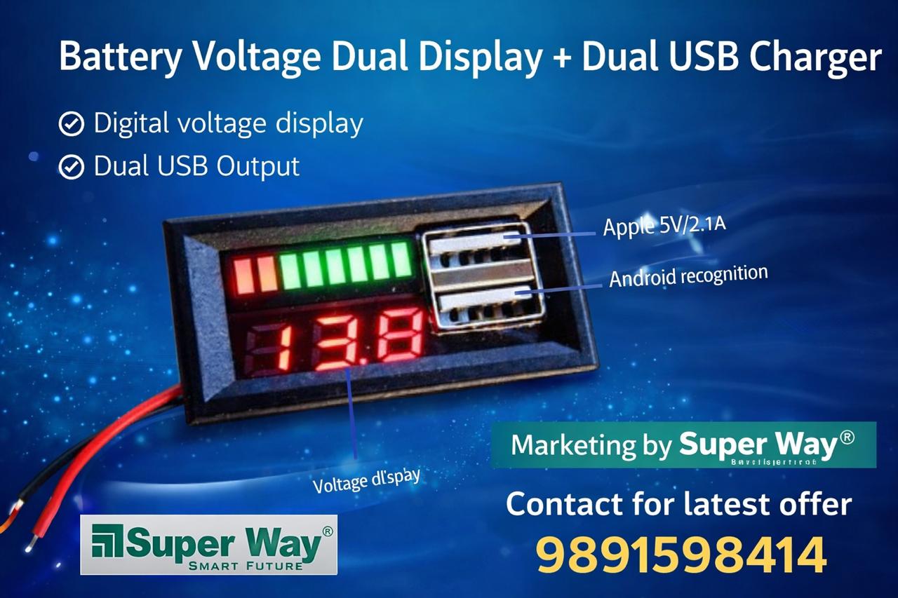 Digital Voltage Display Dual USB Charger for car, bike and EV