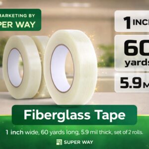 Two rolls of clear fiberglass tape, 1 inch wide and 60 yards long, displayed on a tabletop with product specifications shown.